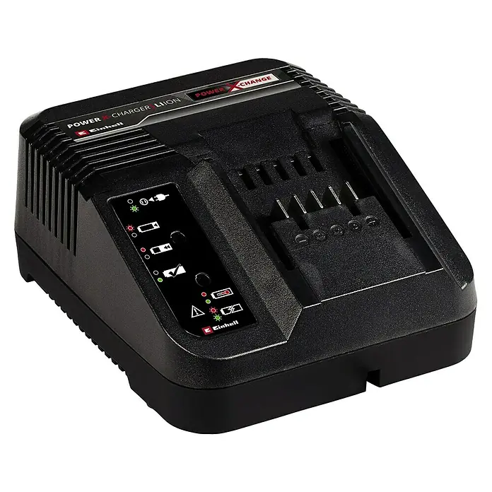 Einhell Power X-Change 18V Starterkit 2x 3,0Ah PXC - 18 V, Kapazität: 3 Ah - Das Bild zeigt ein Power X-Change Ladegerät Li-Ion von Einhell, ein Gerät zum Aufladen von Akkus.