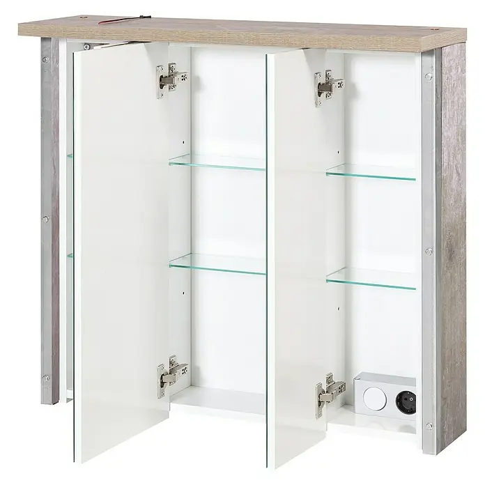 Schildmeyer Harkon LED-Spiegelschrank - B x H: 76 x 73,5 cm, Mit Beleuchtung, Holz, Findus - Offener Badezimmerschrank mit zwei Türen, Glasböden und integrierter Steckdose. Modernes Design für stilvolle Badezimmeraufbewahrung.