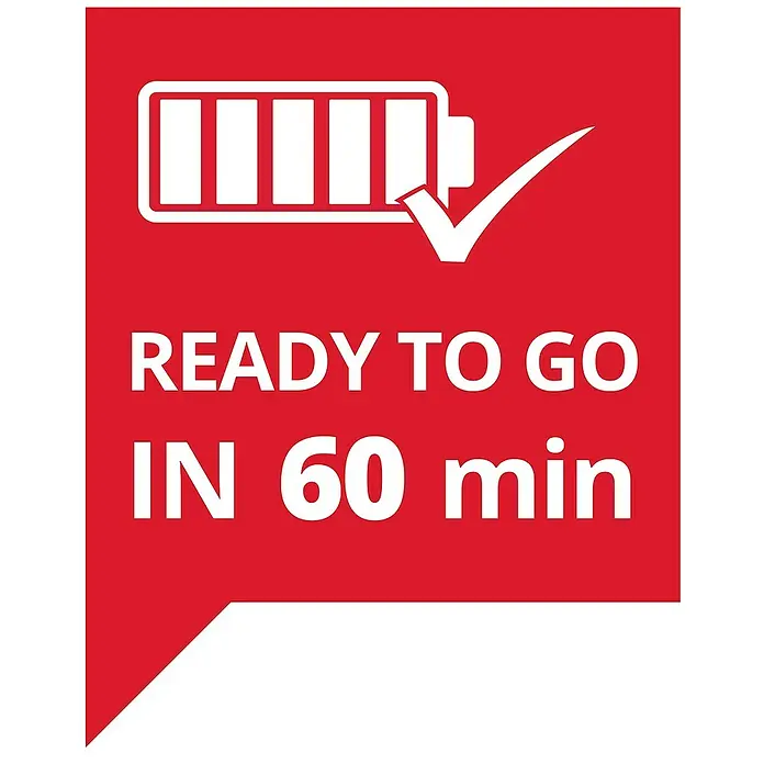 Einhell Power X-Change 18V Starterkit 2x 3,0Ah PXC - 18 V, Kapazität: 3 Ah - Roter Aufkleber mit Batterie-Symbol, Haken und dem Text "READY TO GO IN 60 min". Schnellladung des Produkts in nur 60 Minuten!