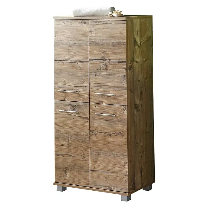 Schildmeyer Isola Highboard - 60 x 33 x 117 cm, Silberfichte - Moderner Holzschrank mit vier Fächern und silbernen Griffen. Ideal für Badezimmer oder Wohnräume.