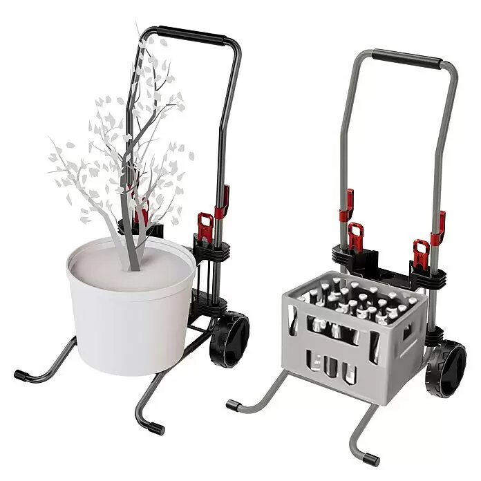 Einhell Transportwagen - L x B x H: 535 x 531 x 1.015 mm - Zwei dunkelgraue, klappbare Sackkarren mit roten Akzenten. Eine transportiert einen weißen Topf mit Pflanze, die andere eine graue Flaschenkiste.