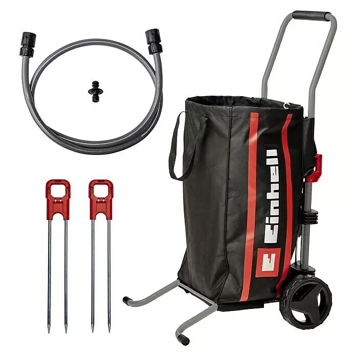 Einhell Transportwagen - L x B x H: 535 x 531 x 1.015 mm - Gartentrolley mit schwarzer Stofftasche, grauem Schlauch mit Anschlüssen und zwei roten und silbernen Erdspießen.