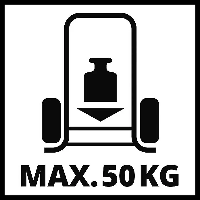 Einhell Transportwagen - L x B x H: 535 x 531 x 1.015 mm - Symbol für maximale Tragfähigkeit 50 kg, zeigt ein Gewicht, einen Abwärtspfeil und den Text „MAX. 50 KG“.