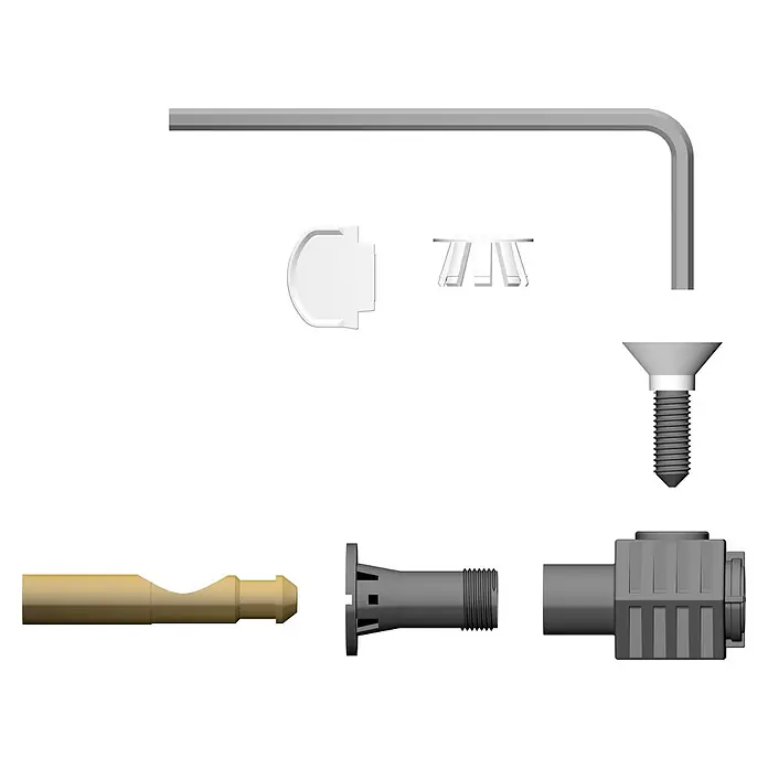 WC-Befestigung - Passend für: Wand-WC Paris und Rom, Kunststoff - Illustration von Sanitärinstallationskomponenten und Werkzeugen, einschließlich Schrauben, Dübel und einem Inbusschlüssel.