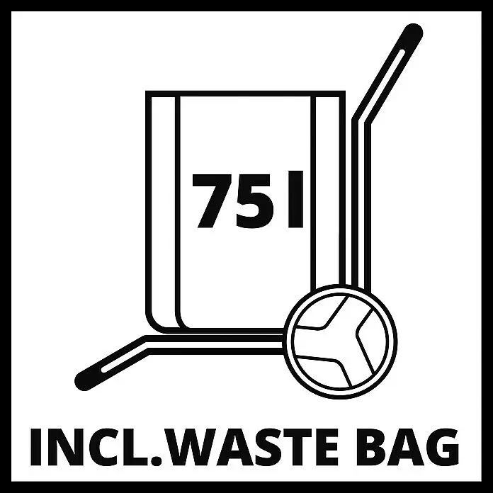Einhell Transportwagen - L x B x H: 535 x 531 x 1.015 mm - Symbol: Karre mit 75-Liter-Abfallsack. Text: 'INCL. WASTE BAG'.