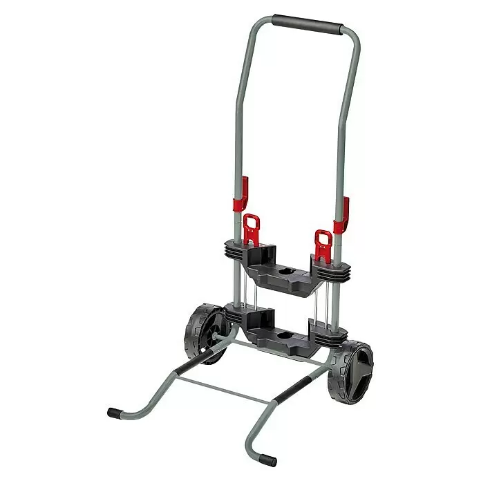 Einhell Transportwagen - L x B x H: 535 x 531 x 1.015 mm - Grauer zweirädriger Transportwagen mit schwarzen Ablagen, Rädern und roten Clips, mit Griff und unteren Stützbeinen.