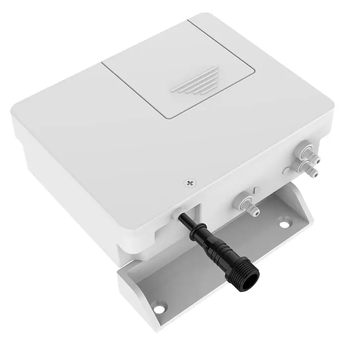 Sensor - Weiß - Nahaufnahme einer weißen, rechteckigen Wetterstation mit schwarzem Kabelanschluss. Ideal für präzise Wetterdaten im Außenbereich.