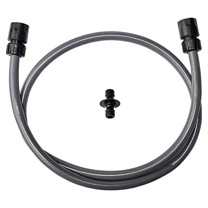 Einhell Transportwagen - L x B x H: 535 x 531 x 1.015 mm - Grauer Schlauch mit schwarzen Endanschlüssen und separatem schwarzem Schlauchverbinder für den Garten.