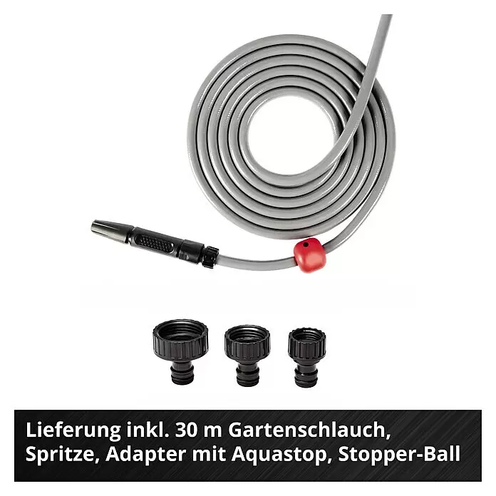 Einhell Power X-Change 18V Akku-Schlauchtrommel GE-HR 18/30 - 18 V, Ohne Akku - Grauer 30-Meter-Gartenschlauch mit schwarzer Spritze, rotem Stopper-Ball und drei schwarzen Schlauchadaptern.