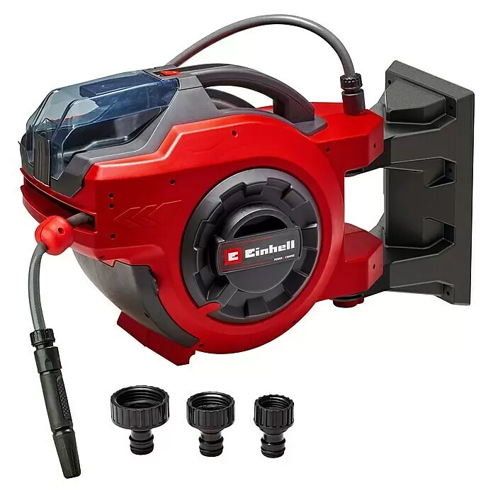Einhell Power X-Change 18V Akku-Schlauchtrommel GE-HR 18/30 - 18 V, Ohne Akku - Rot-schwarze Wand-Schlauchbox mit automatischem Einzug, grauem Schlauch, schwarzer Düse und drei Schlauchverbindern.