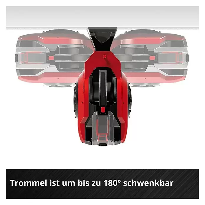 Einhell Power X-Change 18V Akku-Schlauchtrommel GE-HR 18/30 - 18 V, Ohne Akku - Rotes und schwarzes Gerät mit um bis zu 180 Grad schwenkbarer Trommel, dargestellt durch ausgeblendete Drehpositionen.