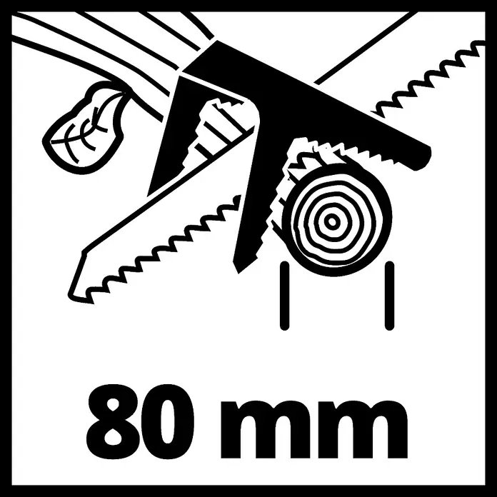 Einhell PXC 18V Sierra de ramas de batería GE-GS18/150Li-Solo - Iones de litio, Sin batería, Longitud de la cuchilla: 100 mm - Símbolo para grosor máx. de rama de 80 mm con cortaramas y cortasetos para un uso seguro de la herramienta.