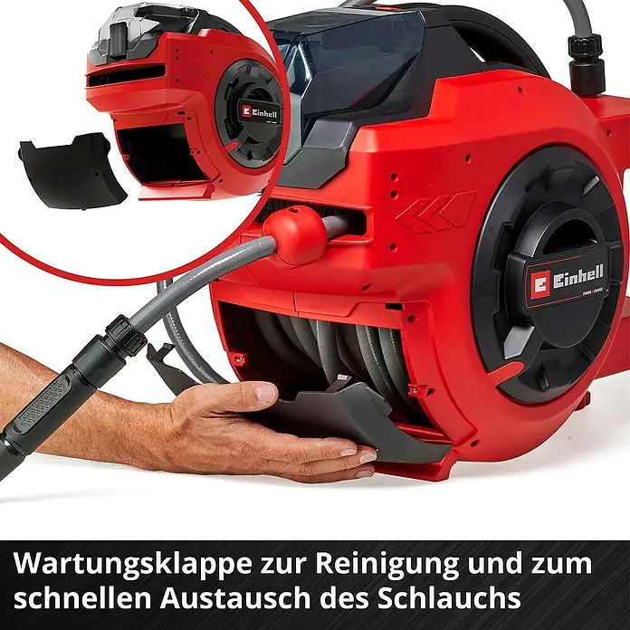 Einhell Power X-Change 18V Akku-Schlauchtrommel GE-HR 18/30 - 18 V, Ohne Akku - Rote und schwarze Einhell Schlauchtrommel mit geöffneter Wartungsklappe, die den grauen Schlauch freigibt. Zur Reinigung und schnellem Schlauchwechsel.