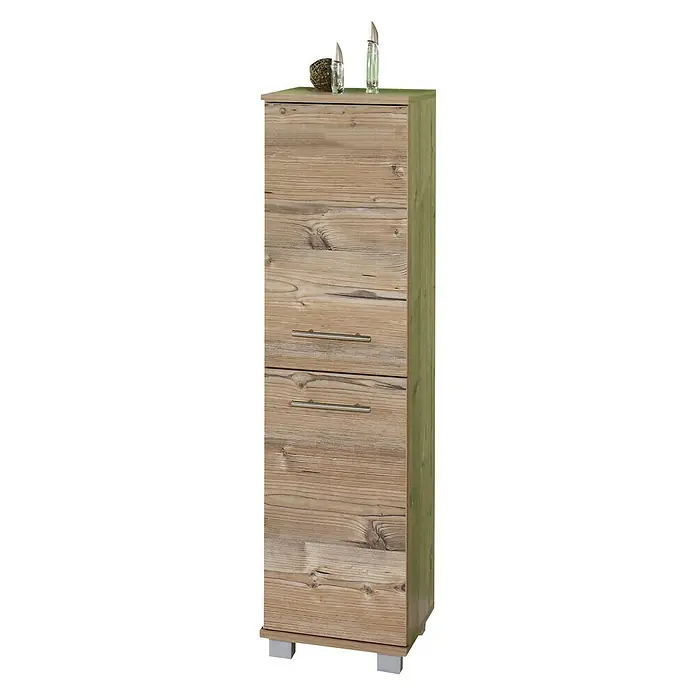 Schildmeyer Isola Highboard - 30,5 x 33 x 117 cm, Silberfichte - Elegantes Holz-Hochschrank mit zwei Schubladen und dekorativen Elementen obenauf. Perfekt für Badezimmer oder kleine Räume.