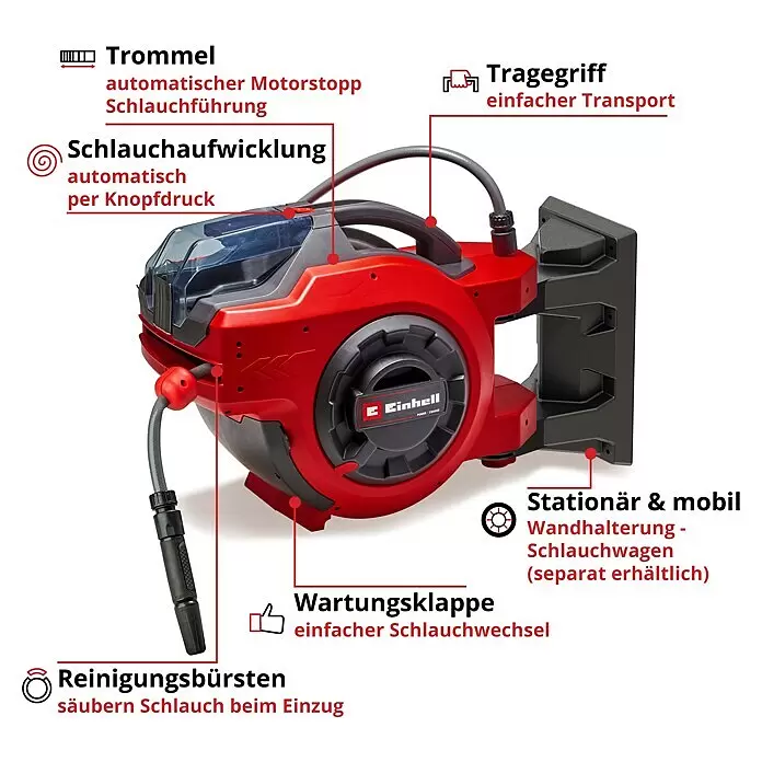 Einhell Power X-Change 18V Akku-Schlauchtrommel GE-HR 18/30 - 18 V, Ohne Akku - Rote und schwarze automatische Schlauchtrommel mit Tragegriff, automatischer Aufwicklung, Schlauchführung und Reinigungsbürsten.