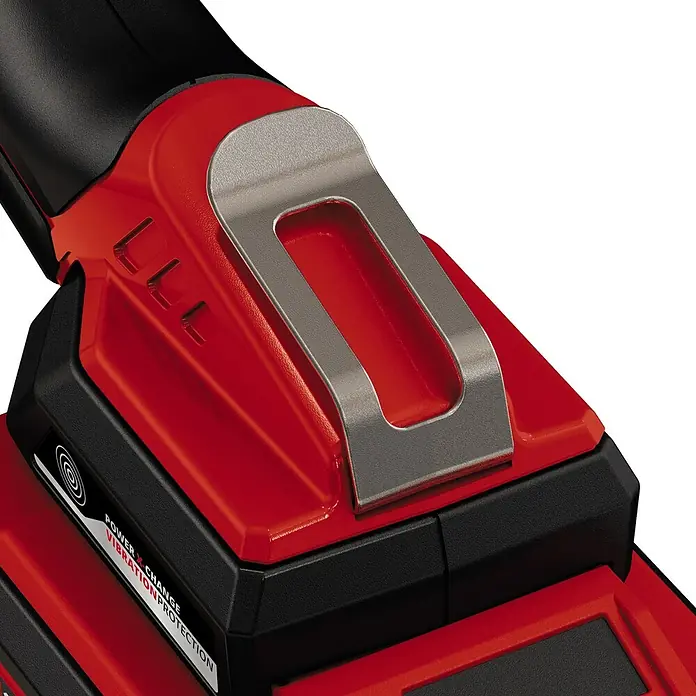Einhell PXC 18V Sierra de ramas de batería GE-GS18/150Li-Solo - Iones de litio, Sin batería, Longitud de la cuchilla: 100 mm - Primer plano de una herramienta eléctrica a batería con un diseño rojo y negro, complementado con un clip plateado.