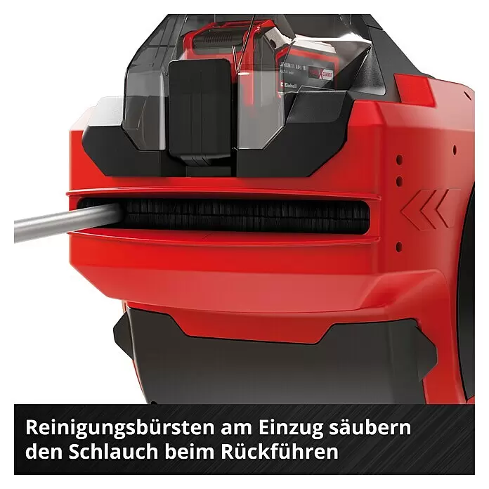 Einhell Power X-Change 18V Akku-Schlauchtrommel GE-HR 18/30 - 18 V, Ohne Akku - Rotes und schwarzes Akku-Rohrreinigungsgerät, mit Bürsten, die einen silbernen Schlauch am Einzug reinigen.