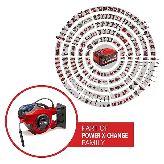 Einhell Power X-Change 18V Akku-Schlauchtrommel GE-HR 18/30 - 18 V, Ohne Akku - Roter und schwarzer Einhell-Automatikschlauchaufroller. Teil der Power X-Change Familie, mit Batterie und vielen Akku-Werkzeugen.