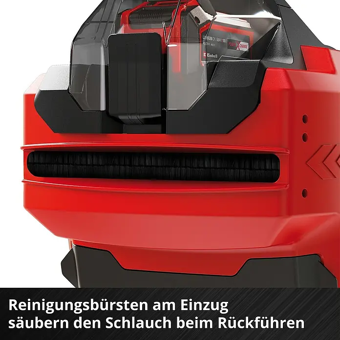 Einhell Power X-Change 18V Akku-Schlauchtrommel GE-HR 18/30 WH Li-Solo - 18 V, Ohne Akku, Schlauchkapazität: 30 m, 12,5 mm (½″) - Detailaufnahme eines Einhell Produkts, das Reinigungsbürsten zur Schlauchreinigung integriert hat.