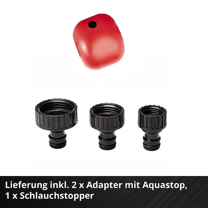 Einhell Power X-Change 18V Akku-Schlauchtrommel GE-HR 18/30 WH Li-Solo - 18 V, Ohne Akku, Schlauchkapazität: 30 m, 12,5 mm (½″) - Produktbild mit zwei Adaptern mit Aquastopp und einem Schlauchstopper. Zubehör für die Gartenbewässerung.
