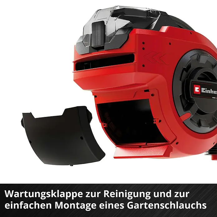 Einhell Power X-Change 18V Akku-Schlauchtrommel GE-HR 18/30 WH Li-Solo - 18 V, Ohne Akku, Schlauchkapazität: 30 m, 12,5 mm (½″) - Wartungsklappe für die Reinigung und einfache Montage des Einhell Gartenschlauchs.