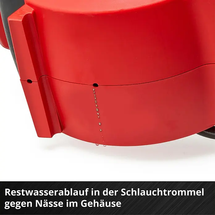 Einhell Power X-Change 18V Akku-Schlauchtrommel GE-HR 18/30 WH Li-Solo - 18 V, Ohne Akku, Schlauchkapazität: 30 m, 12,5 mm (½″) - Restwasserablauf der Schlauchtrommel. Das Gehäuse des Geräts ist rot und hat Öffnungen für den Wasserablauf, um Nässe zu verhindern.