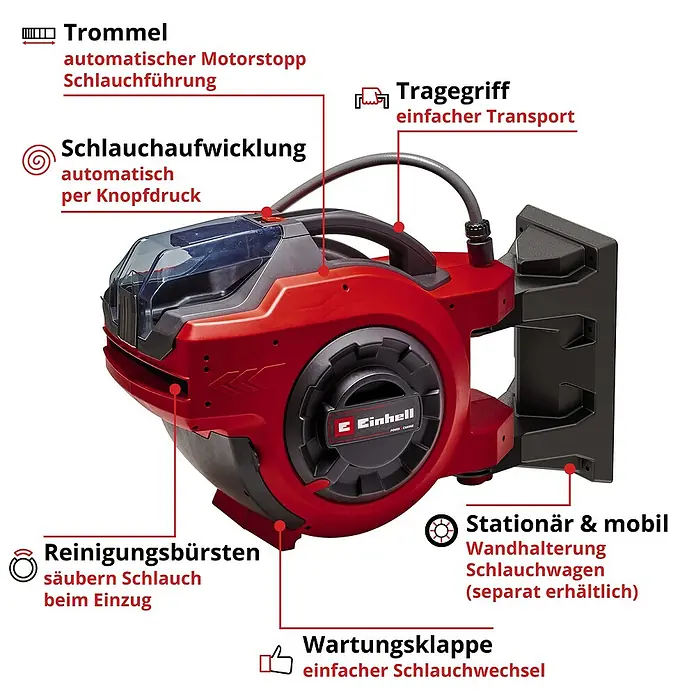 Einhell Power X-Change 18V Akku-Schlauchtrommel GE-HR 18/30 WH Li-Solo - 18 V, Ohne Akku, Schlauchkapazität: 30 m, 12,5 mm (½″) - Automatische Schlauchtrommel von Einhell mit Tragegriff für mobilen Einsatz, Wandhalterung und Reinigungsbürsten für den Schlauch.