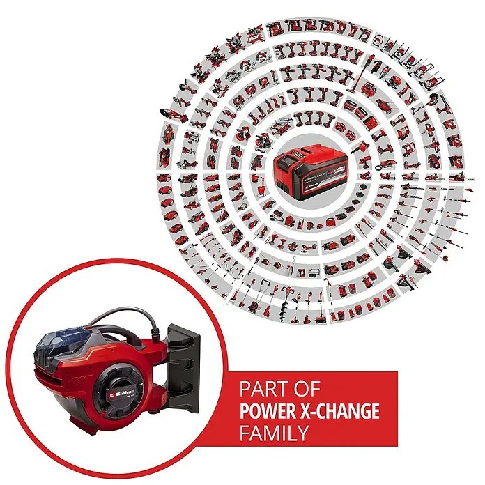 Einhell Power X-Change 18V Akku-Schlauchtrommel GE-HR 18/30 WH Li-Solo - 18 V, Ohne Akku, Schlauchkapazität: 30 m, 12,5 mm (½″) - Abbildung des Einhell Power X-Change Akkusystems mit einer Auswahl an Werkzeugen und Geräten, die mit diesem Akku kompatibel sind.