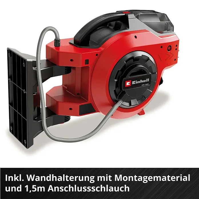 Einhell Power X-Change 18V Akku-Schlauchtrommel GE-HR 18/30 WH Li-Solo - 18 V, Ohne Akku, Schlauchkapazität: 30 m, 12,5 mm (½″) - Bild einer Einhell Schlauchbox mit Wandhalterung und Anschlussmaterial. Inklusive 1,5m Anschlussschlauch für den sofortigen Einsatz.