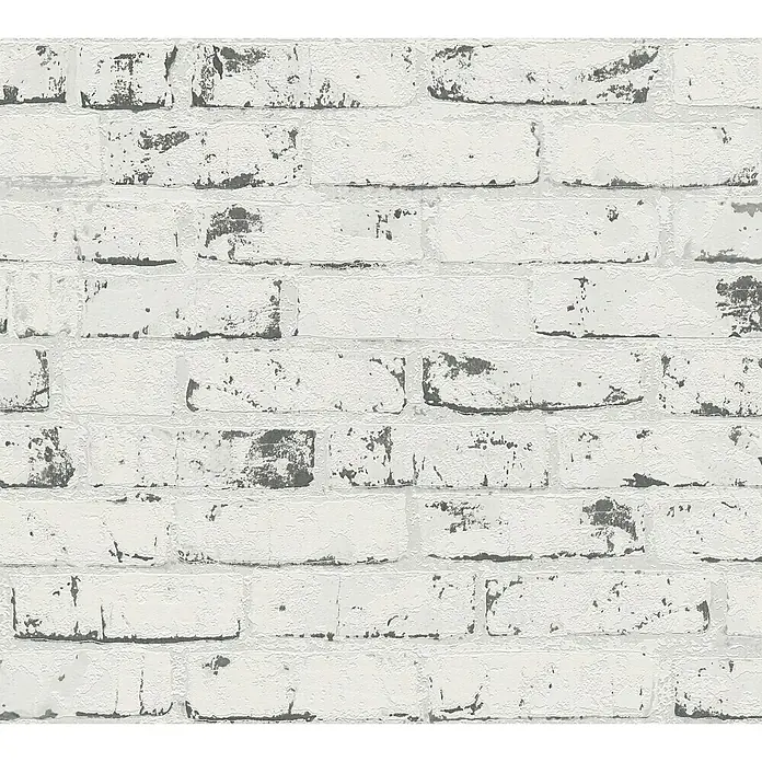 A.S. Création Casual Living Vliestapete New England Klinker - Grau/Anthrazit, Steinoptik, 10 x 0,53 m - Detailaufnahme einer weißen Ziegelwand mit verwitterter Oberfläche, die eine rustikale und vintageartige Textur zeigt.