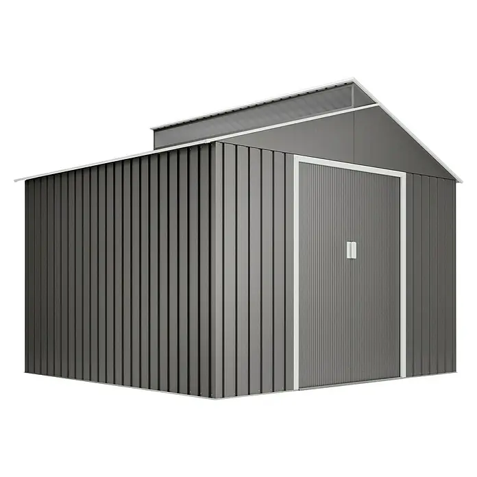 Hoggar Gerätehaus Björn - Außenmaß inkl. Dachüberstand (B x T): 282 x 257 cm, Anthrazit, Grundfläche: 7,25 m² - Ansicht eines grauen Metall-Gartenschuppens mit Doppeltür und Giebeldach, ideal für die Aufbewahrung von Gartengeräten.