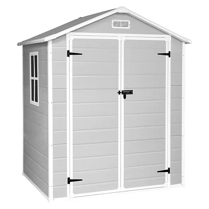 The Space Plus Caseta para jardín One 2.6 - Medidas ext. (An x Pr): 181 x 134 cm, Gris y Blanco, Plástico, Área: 2,39 m² - Un cobertizo de jardín gris con detalles blancos, puertas dobles y una pequeña ventana. Ideal para guardar herramientas de jardinería.