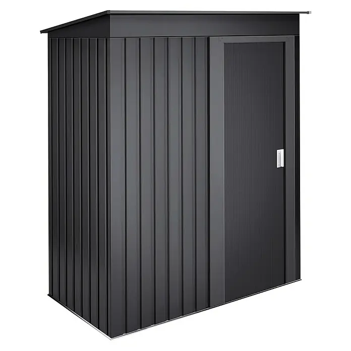 Hoggar Geräteschrank Hede - Außenmaß inkl. Dachüberstand (B x T): 162 x 86 cm, Anthrazit, Stahl, 1,39 m² - Dieses Bild zeigt ein graues, modernes Gerätehaus mit einer Tür und einer geriffelten Metallstruktur, ideal für die Gartenaufbewahrung.