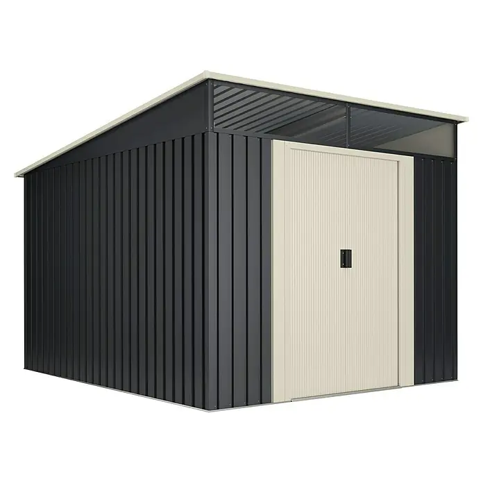 Hoggar Gerätehaus Karlstadt - Außenmaß inkl. Dachüberstand (B x T): 238 x 322 cm, Anthrazit, Stahl, Grundfläche: 7,6 m² - Abbildung eines modernen Gartenschuppens mit dunklen Paneelen und einer hellen Tür unter einem schlanken Dach.