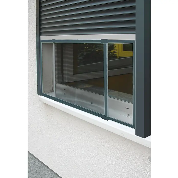 Schellenberg Insect Stop Cortina con protección contra insectos - An x Al: 75 x 50 cm, Color bastidor: Antracita, Color red: Antracita - Primer plano de una ventana con persianas enrollables y mosquitera. Ideal para la protección contra insectos y oscurecer.