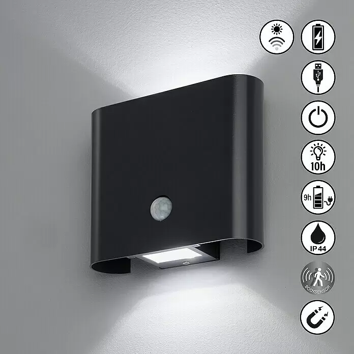 FHL easy Magnetic Akku-Wandleuchte - 6,5 x 18 x 15 cm, Sandschwarz, Warmweiß, 1 W, IP44 - Schwarze Wandleuchte mit integriertem Bewegungssensor, mit Up- und Downlight-LED, zeigt Funktionssymbole.