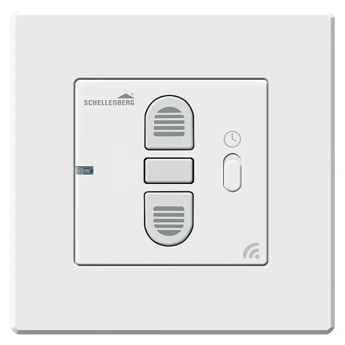 Schellenberg Rollodrive Temporizador inalámbrico - An x L: 50 x 50 mm, Blanco, Específico para: Sistema Smart Home de Schellenberg - La imagen muestra un interruptor de luz Schellenberg para el control de persianas enrollables, un dispositivo domótico para confort y eficiencia energética.
