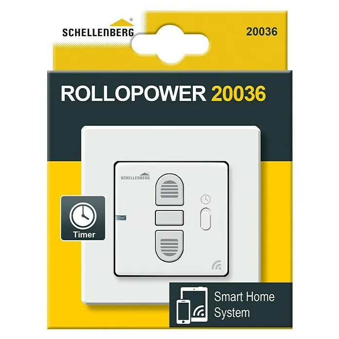 Schellenberg Rollodrive Temporizador inalámbrico - An x L: 50 x 50 mm, Blanco, Específico para: Sistema Smart Home de Schellenberg - Embalaje del producto para Schellenberg RolloPower 20036, un sistema domótico para controlar persianas con función de temporizador.