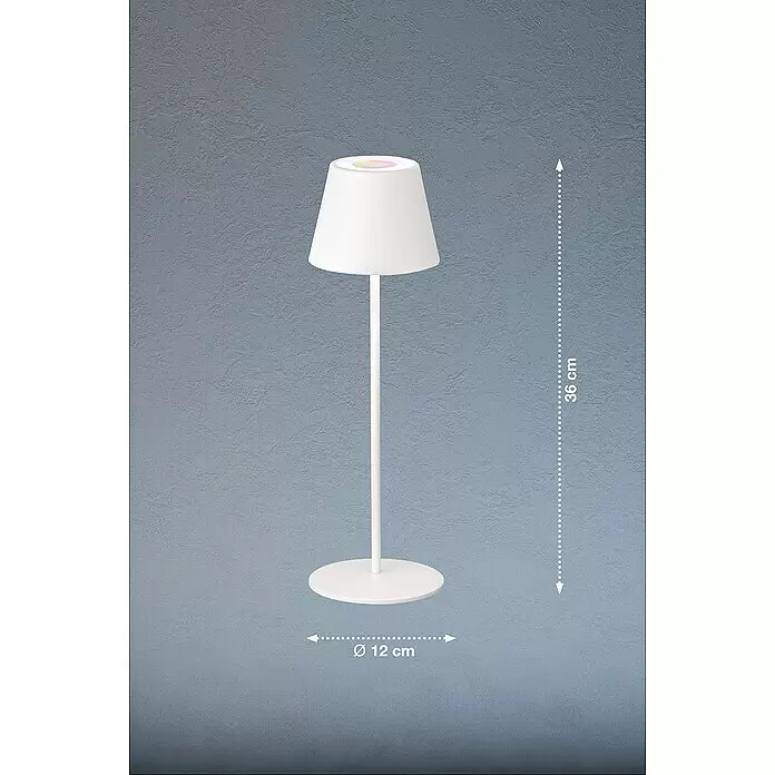 FHL easy Akku-Tischleuchte COSENZA - 2 W, L x B x H: 12 x 12 x 38 cm, Sandweiß, RGB, 1 Stk. - Weiße Tischlampe mit konischem Schirm, schlankem Fuß und rundem Sockel. Zeigt ein farbiges Licht. Höhe 36 cm, Sockel Ø 12 cm.