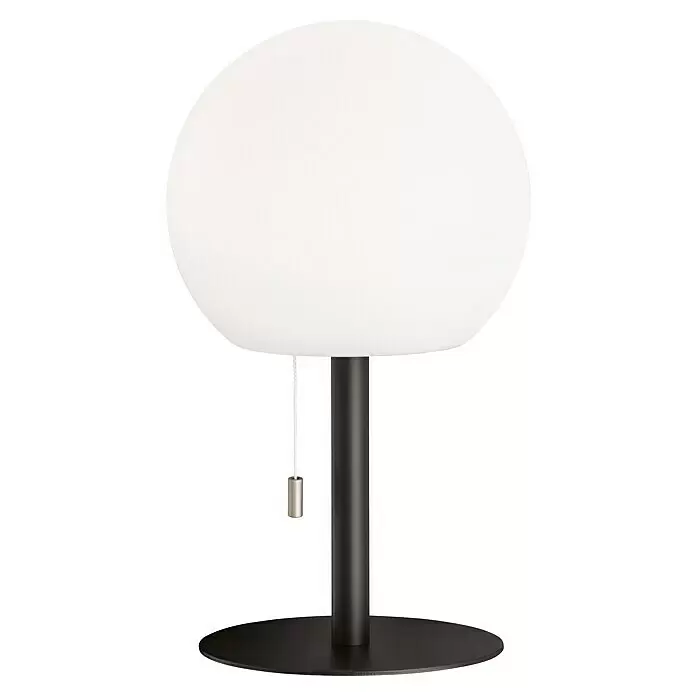 FHL easy Akku-Tischleuchte TRIVENTO - 1,5 W, L x B x H: 18 x 18 x 31 cm, Sandschwarz, RGB - Weiße kugelförmige Tischleuchte mit schwarzem zylindrischem Ständer und Sockel, inklusive Zugkette.