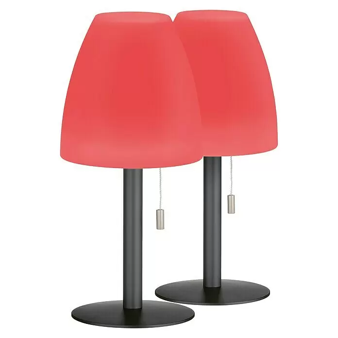 FHL easy Akku-Tischleuchte FIUMARA - 1,5 W, L x B x H: 14 x 14 x 30 cm, Sand, RGB, 2 Stk. - Zwei rote Tischlampen mit dunkelgrauen Stielen und Füßen, ausgestattet mit silbernen Zugketten.