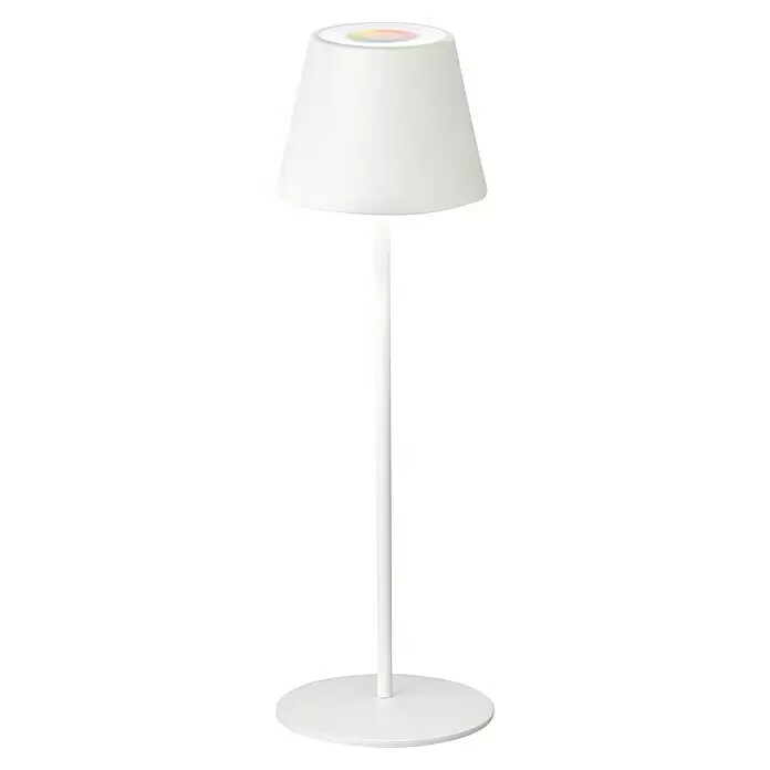 FHL easy Akku-Tischleuchte COSENZA - 2 W, L x B x H: 12 x 12 x 38 cm, Sandweiß, RGB, 1 Stk. - Weiße Tischlampe mit konischem Schirm, rundem Fuß und farbigem Lichtring.