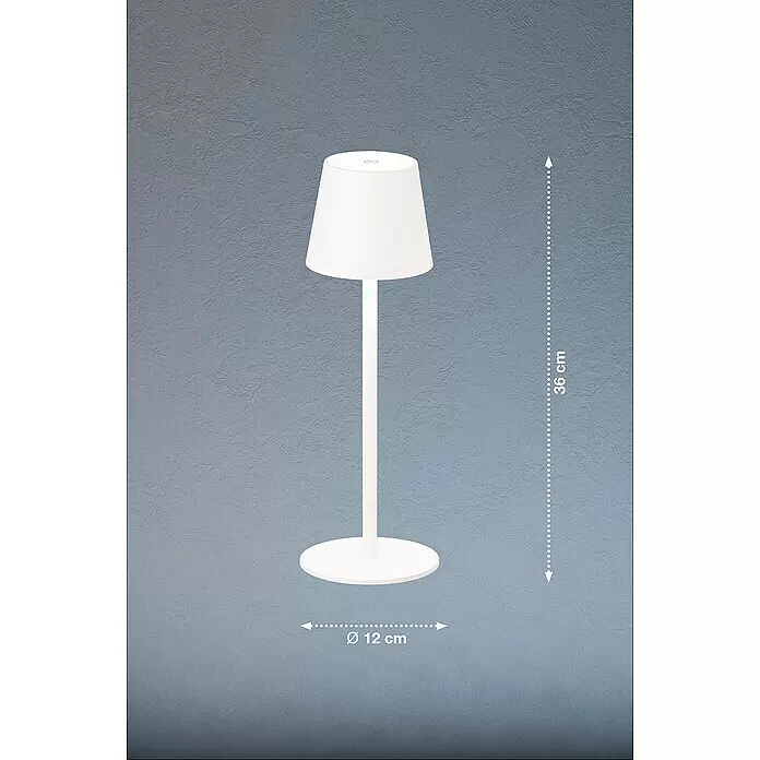 FHL easy Akku-Tischleuchte TROPEA - 2,5 W, L x B x H: 12 x 12 x 38 cm, Sandweiß, Warmweiß - Weiße Tischlampe, 36 cm hoch, 12 cm Basisdurchmesser.