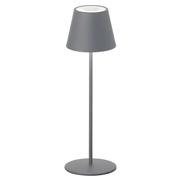 FHL easy Akku-Tischleuchte COSENZA - 2 W, L x B x H: 12 x 12 x 38 cm, Sand, RGB, 1 Stk. - Graue Metall-Tischlampe mit konischem Schirm und rundem Fuß, oben beleuchtet.