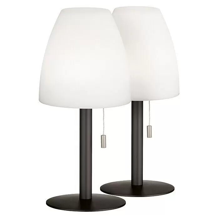 FHL easy Akku-Tischleuchte FIUMARA - 1,5 W, L x B x H: 14 x 14 x 30 cm, Sand, RGB, 2 Stk. - Zwei Tischlampen mit weißen Milchglasschirmen und dunklen Metallsockeln. Jede hat eine Zugkette.
