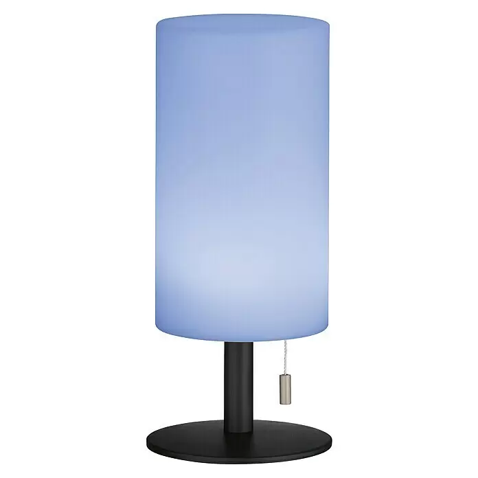 FHL easy Akku-Tischleuchte LARINO - 1,5 W, L x B x H: 12 x 12 x 28 cm, Sand, RGB - Eine blaue zylindrische Tischlampe mit schwarzem Fuß und Stiel, ausgestattet mit einer Zugkette.