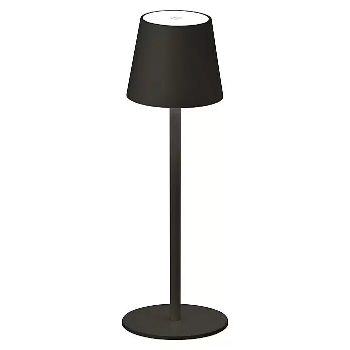 FHL easy Akku-Tischleuchte TROPEA - 2,5 W, L x B x H: 12 x 12 x 38 cm, Sandschwarz, Warmweiß - Schwarze kabellose Tischleuchte mit beleuchteter Oberseite und Einschaltsymbol.