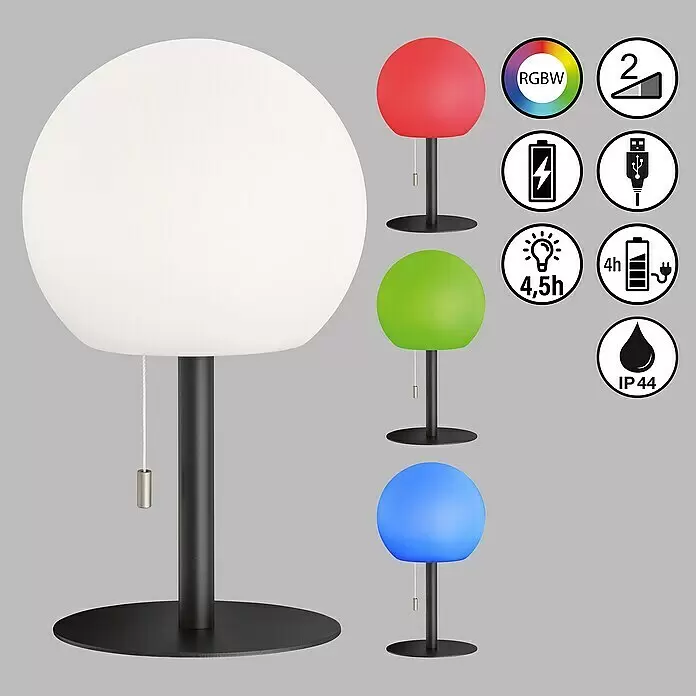 FHL easy Akku-Tischleuchte TRIVENTO - 1,5 W, L x B x H: 18 x 18 x 31 cm, Sandschwarz, RGB - Kugelförmige Tischlampe, weißer Diffusor, schwarzer Sockel, auch in Rot, Grün, Blau. Merkmale: RGBW, 2-Stufen-Dimmung, batteriebetrieben, USB, IP44.