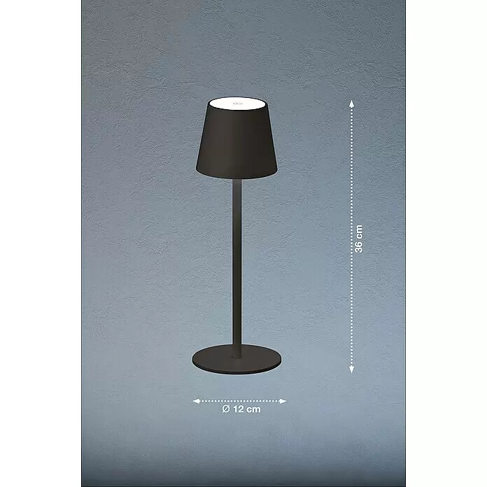 FHL easy Akku-Tischleuchte TROPEA - 2,5 W, L x B x H: 12 x 12 x 38 cm, Sandschwarz, Warmweiß - Schwarze Tischleuchte: konischer Schirm, zylindrischer Stiel, runder Sockel. 36 cm hoch, 12 cm Durchmesser.