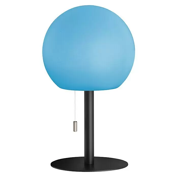 FHL easy Akku-Tischleuchte TRIVENTO - 1,5 W, L x B x H: 18 x 18 x 31 cm, Sandschwarz, RGB - Blaue kugelförmige Tischleuchte mit schwarzem Fuß und Ständer, ausgestattet mit einem silbernen Zugschalter.